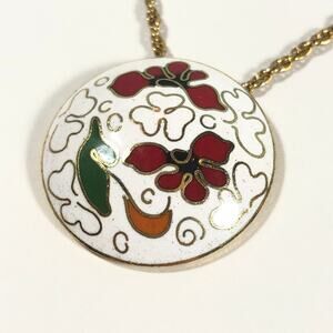 Round Floral Pendant Necklace Vintage Enameled 18" Chain